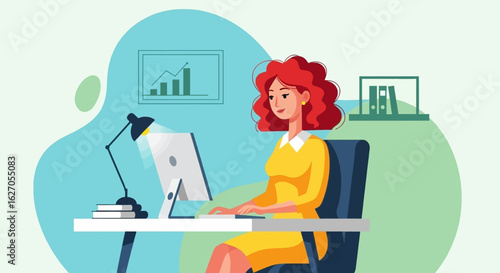 A cheerful young woman with red hair works productively at her computer in a bright, modern home office illustration.