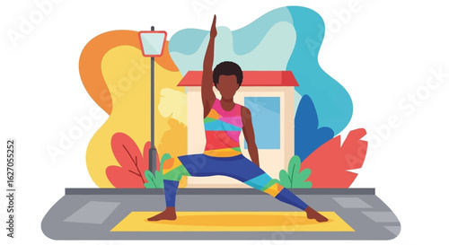 A young Black woman performs a vibrant yoga pose outdoors on a city street, showcasing health, wellness, and urban fitness.