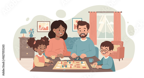 A happy diverse family enjoys quality time together, gathered around a table playing an engaging board game in their comfortable living room.