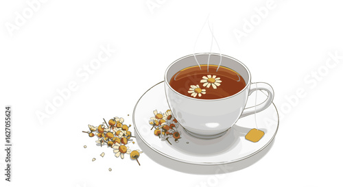 A soothing cup of hot chamomile tea with steam and flowers, isolated on a white background for wellness and relaxation concepts.