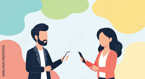 Two modern individuals engage in digital communication, exchanging information via smartphones against a vibrant, abstract background, symbolizing connection and networking.