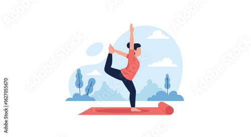 A serene woman practices the graceful Lord of the Dance yoga pose on a mat outdoors, embodying balance and mindful wellness in a peaceful setting.