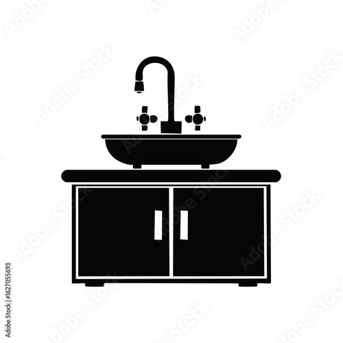 Black and white bathroom sink with closed cabinets with faucet on top as an object icon with no background