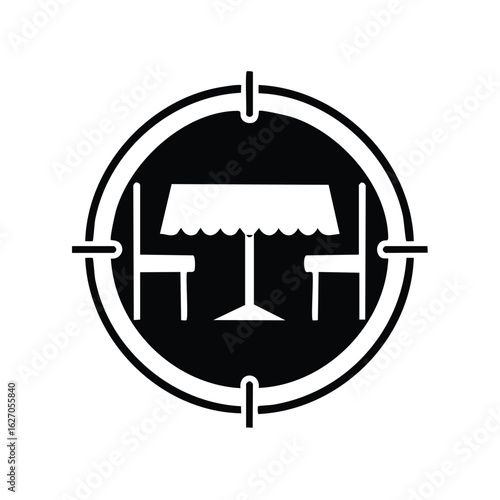 Dining table and two chairs icon with circle and crosshairs in solid black and white