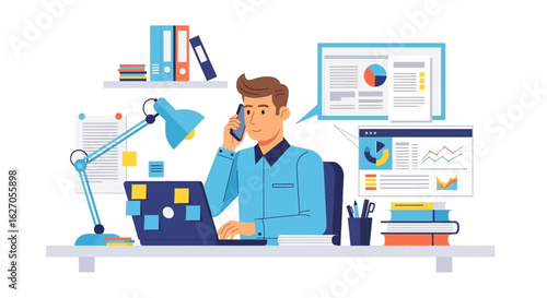 A productive young man efficiently works from his modern home office, multitasking on a laptop and phone, surrounded by essential business tools.