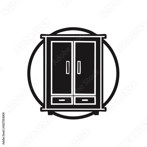 Simple wardrobe illustration enclosed in circular frame showcasing furnishing minimalism and clean design