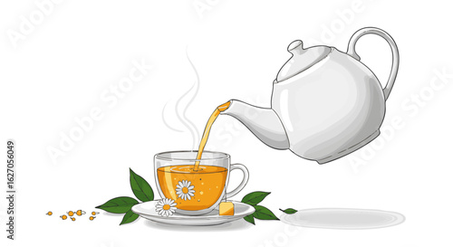A fresh cup of chamomile tea being poured from a classic white teapot, a relaxing and healthy hot beverage