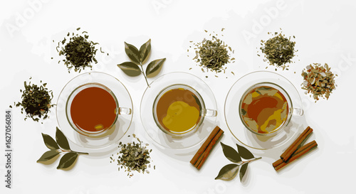 Top-down view of an assortment of brewed teas in glass cups with loose leaf blends and spices on a white background.