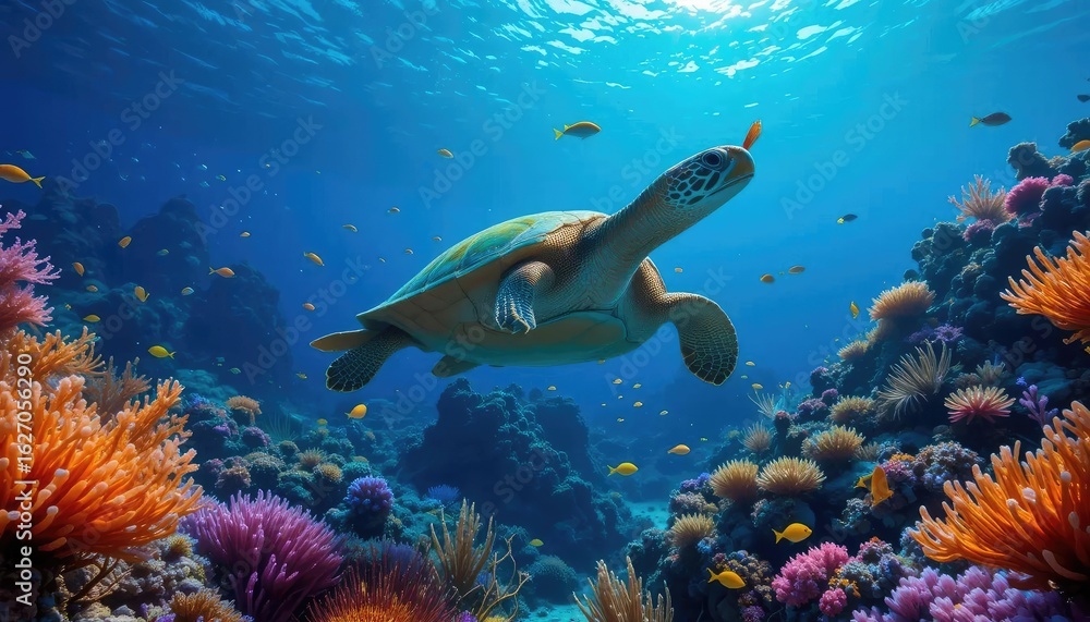 Fototapeta premium Green sea turtle gracefully glides through a vibrant blue tropical ocean reef, showcasing the beauty of marine life underwater