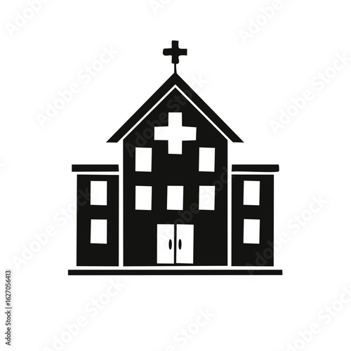 Black silhouette of a hospital building with a cross symbol on the roof