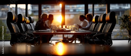 Business Meeting in Modern Office with Sunset View.