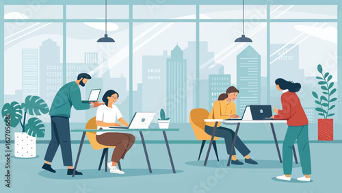 Diverse professionals collaborate efficiently in a contemporary open-plan office, utilizing modern technology with a vibrant city skyline backdrop.