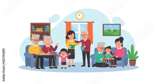 A heartwarming illustration of a multi-generational family enjoying quality time together in a cozy living room, fostering strong bonds and shared happiness.