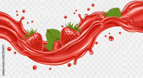 Ripe red strawberries with green leaves caught in a dynamic wave of fresh fruit juice splash, isolated on a transparent background.