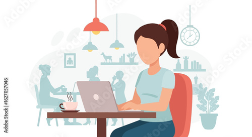 Young woman working on laptop in a cozy cafe with coffee and other patrons in the background.