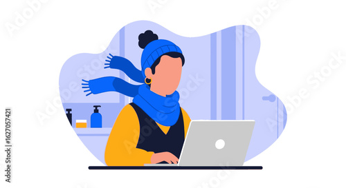 Man dressed warmly with scarf and hat works on a laptop indoors, illustrating remote work or illness.