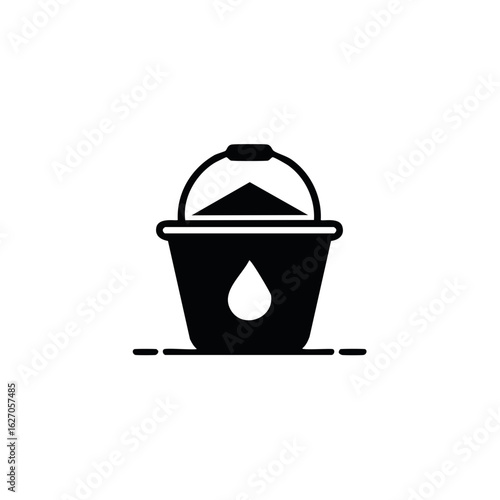 Minimalist black glyph icon of a bucket with sand and a water drop for construction and mixing