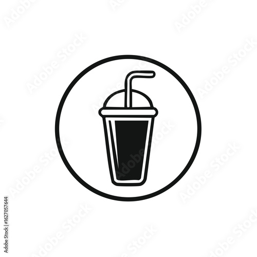 Icon of disposable beverage cup with straw and lid in black circle