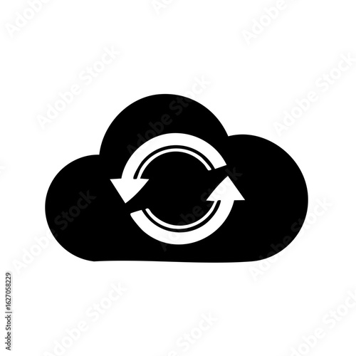 Black and white cloud with circular arrows suggesting data synchronization or update process.