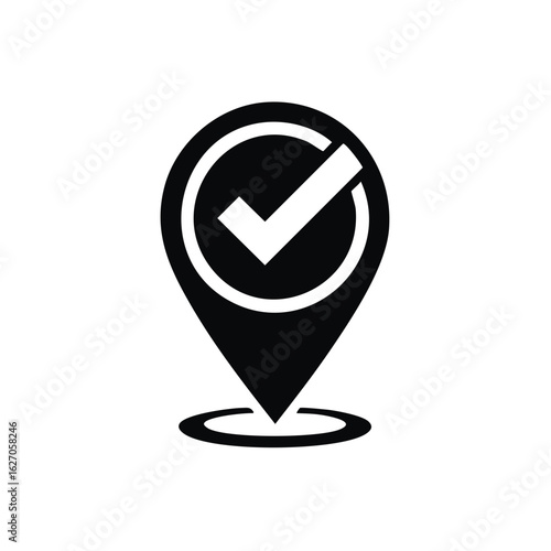 Black and White Location Pin with Check Mark Validated Point of Interest