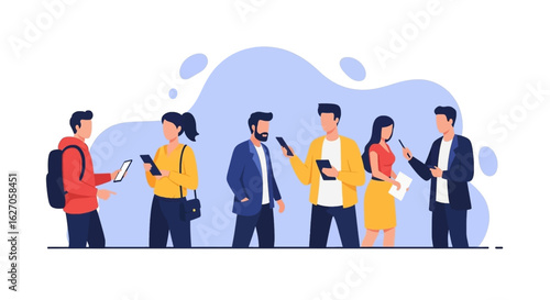 A diverse group of people engage in modern communication, utilizing digital devices and traditional reporting tools for information exchange and social networking.