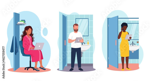 Diverse individuals engage with modern digital technology, utilizing laptops and tablets within various personal and private settings, highlighting contemporary connectivity.