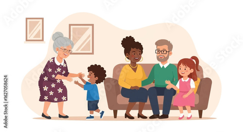 A happy multi-generational and diverse family gathers in their cozy living room, symbolizing love, connection, and cherished moments together.