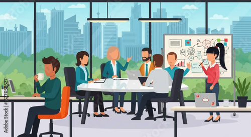 A diverse team of professionals engages in a productive brainstorming session within a contemporary office setting, overlooking a vibrant city skyline.
