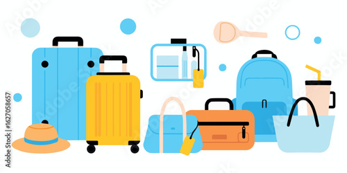 Clean and modern vector  find travel luggage suitcase backpack and beach vacation accessories for your next trip adventure 100