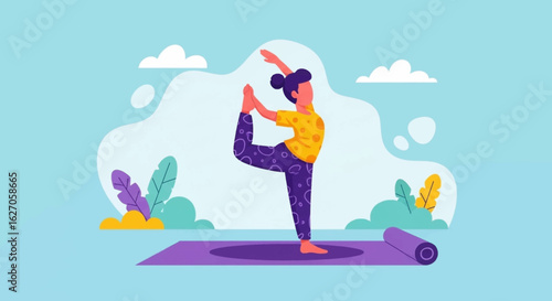 A serene woman practices a graceful yoga pose on a mat amidst a tranquil, abstract natural setting, embodying balance and mindful living.