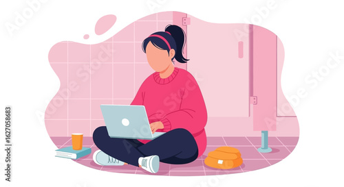 A young woman comfortably works on her laptop while sitting on the floor at home, embracing a flexible and modern remote work lifestyle.