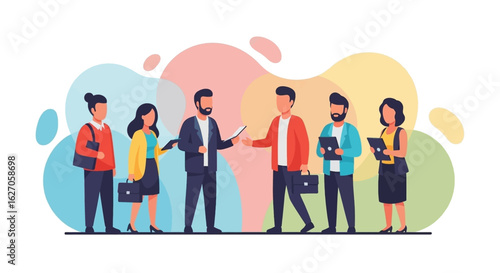 A diverse group of professionals engages in a collaborative business meeting, fostering teamwork and effective communication against a vibrant abstract background.