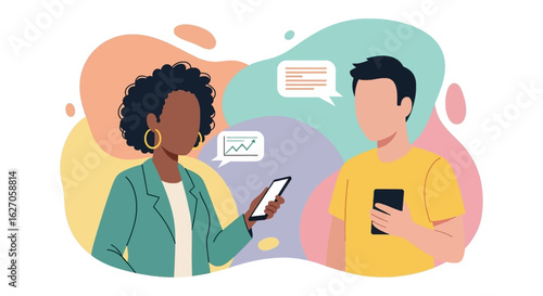 Diverse individuals engage in a digital conversation, exchanging information and ideas through their mobile phones, set against a vibrant abstract background.