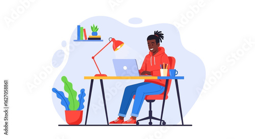 A vibrant vector illustration depicts a focused person with dreadlocks typing on a laptop at a contemporary desk in a cozy workspace.