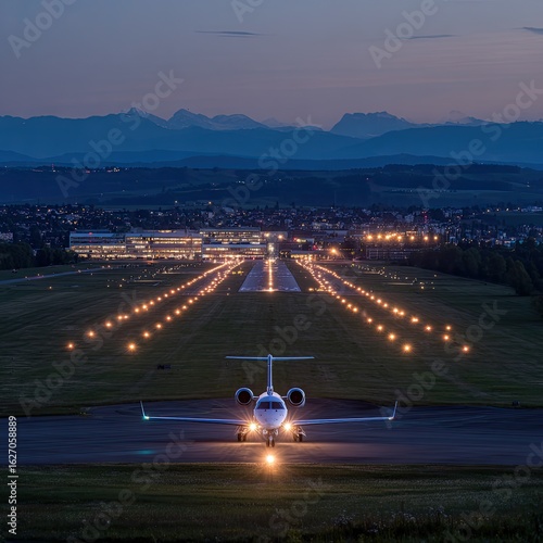 Jet on runway at twilight