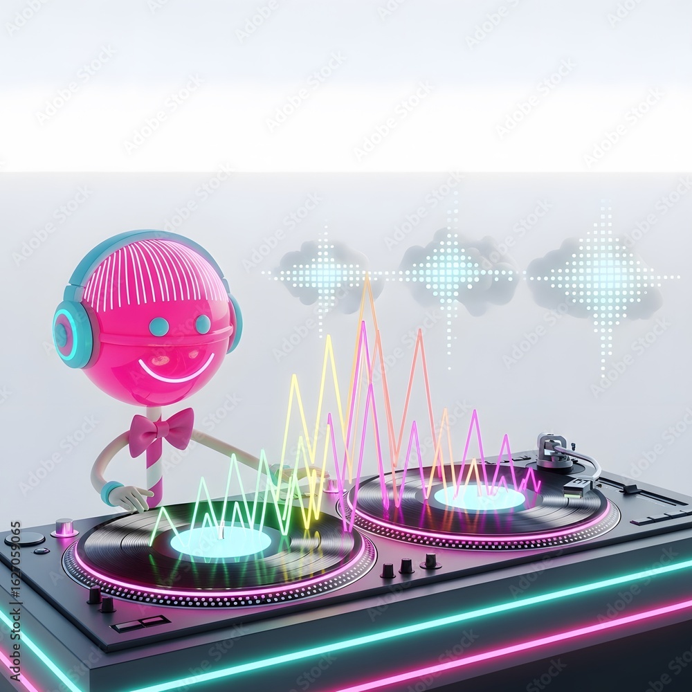 Fototapeta premium A whimsical DJ character composed of candy elements mixing music on turntables generating colorful sound waves against a soft blurred background.