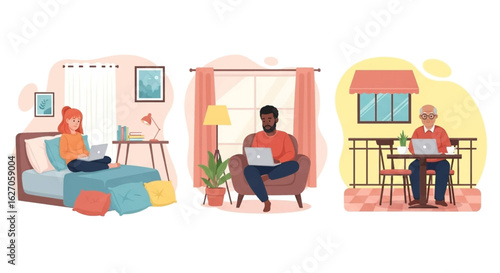 Diverse individuals comfortably engage in remote work from various home environments, showcasing the flexibility and convenience of modern digital lifestyles.