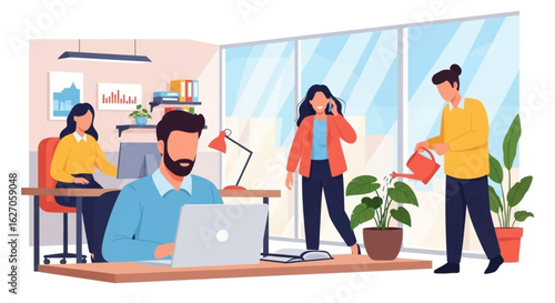 Diverse professionals collaborate and work efficiently in a modern, bright office environment, fostering productivity and well-being.
