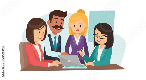 A diverse group of business professionals collaborates around a laptop, engaging in a productive team meeting to discuss strategies and achieve goals.
