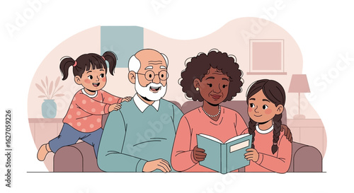 A heartwarming illustration depicts a diverse, multi-generational family, including grandparents and children, enjoying a cozy storytelling moment on a sofa.