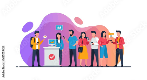 A diverse group of people queues up, actively using their mobile phones for online registration or digital service at a modern tech counter.