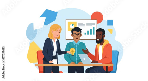 Diverse business professionals collaborate on new innovative ideas, fostering creative solutions and strategic planning within a modern office environment.