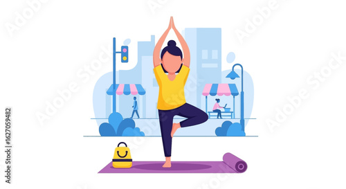 A woman practices yoga outdoors in a serene urban park, finding balance and tranquility amidst the city's vibrant energy and modern lifestyle.