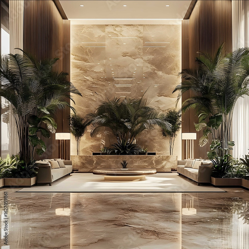 luxury interior lobby luxury interior reception in modern bege marble mirrors tropical plants