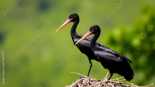 Pair of anhingas roosting in the sun against blurry background.