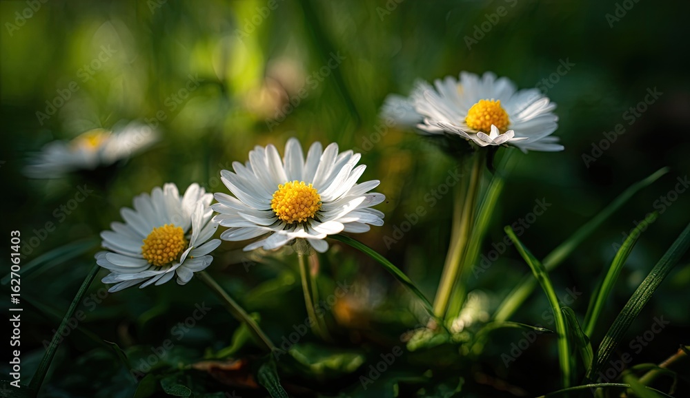 Fototapeta premium Delicate white daisies in grassy meadow, bathed in sunlight