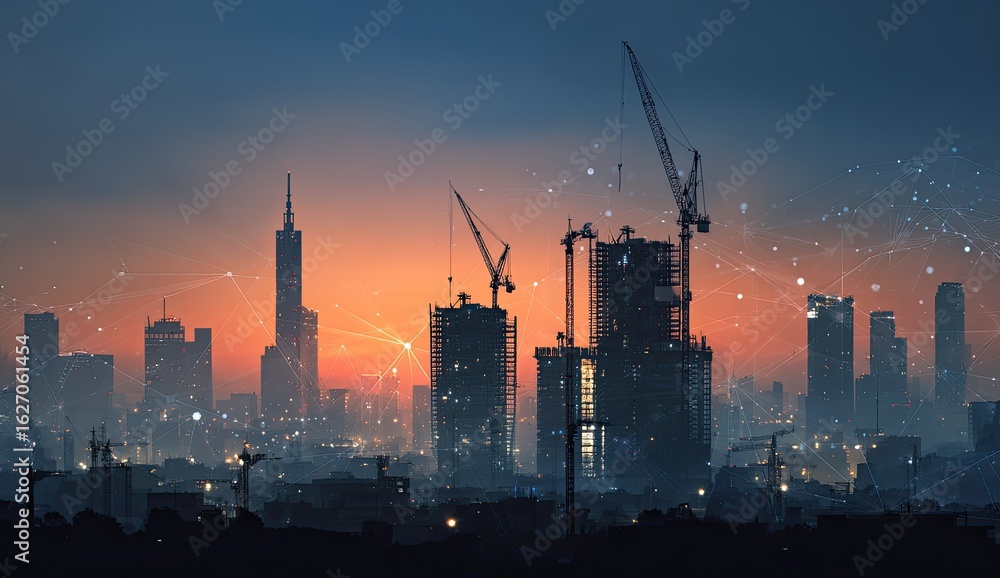 Fototapeta premium City skyline at dawn, construction in progress, digital network