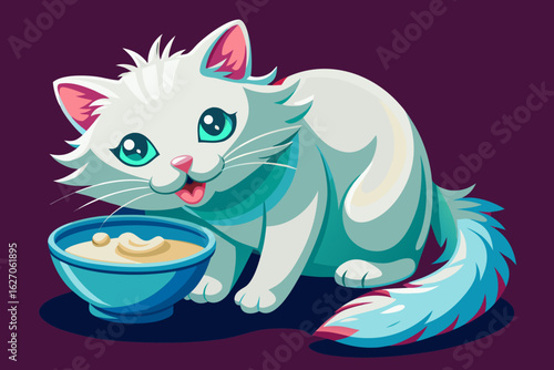 vector of A white cat licking a white bowl with milk in it... on a dark background