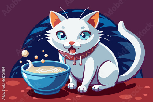 vector of A white cat licking a white bowl with milk in it... on a dark background