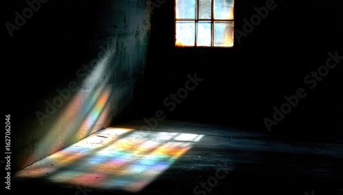 Sunlight streams through a stained-glass window, illuminating a dark room (1)